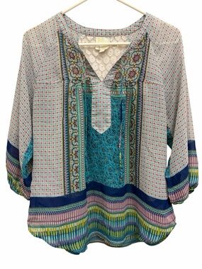 Fig & Flower Boho Mixed Print Blouse Lace Back Flowy Top